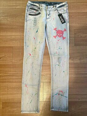 Y2K Low Rise Paint Splatter Skull Skinny Jeans NWT